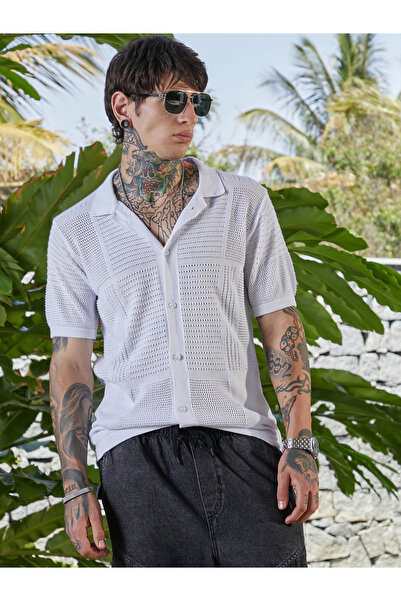 Campus Sutra By Styli Men White Textured Open-Knit Shirt