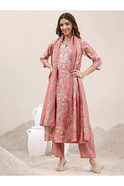 Libas By Styli Pink Printed Silk Blend Straight Kurta, Trousers and Dupatta Set