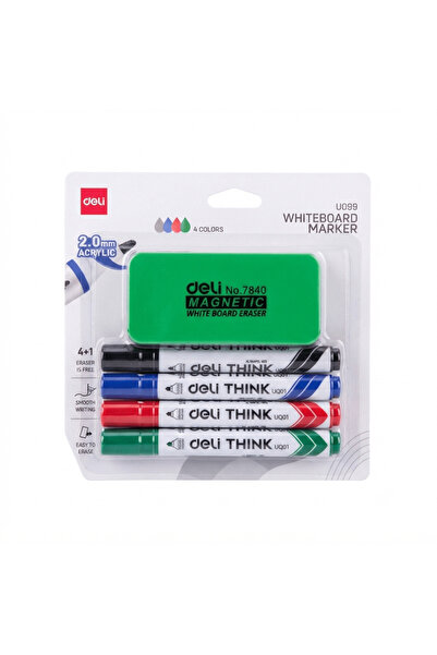 Deli Whiteboard Marker Set with Magnetic Eraser – 4 Colors
