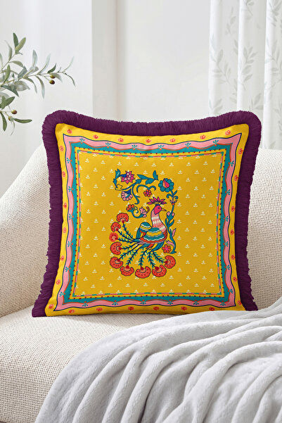 Realhomes Peacock and Floral Motif Framed Pattern Fringed Throw Pillow Cover ...