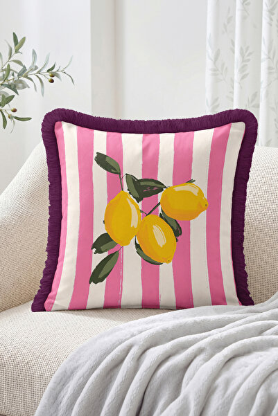 Realhomes Pink and White Striped Fringed Throw Pillow Cover with Lemon and Le...