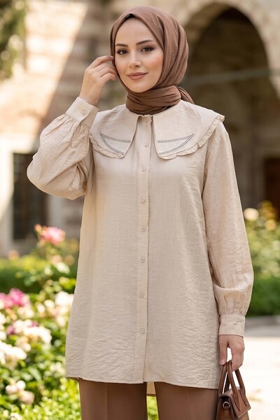 TOFİSA Taş Detaylı Çilek Tunik Bej - 1326-BEJ