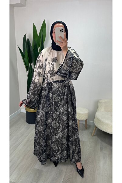 demet's collection Hayal Shawl Patterned Chiffon Long Dress