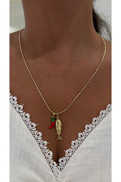 Glowisters Jewelry Kadın Şans Biberi ve Balık Figürlü Kolye - Şans ve Bereket...
