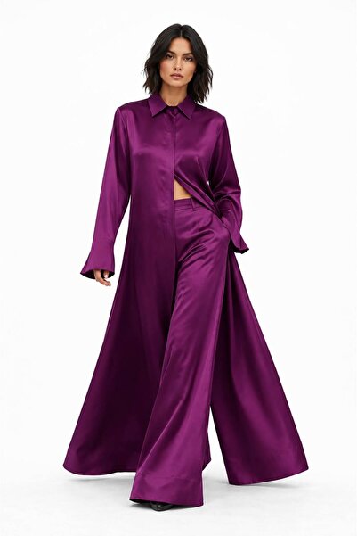 ROLLINDA STUDIO Maxi Gömlek & Geniş Paça Pantolon Alt&Üst Şık Saten Takım