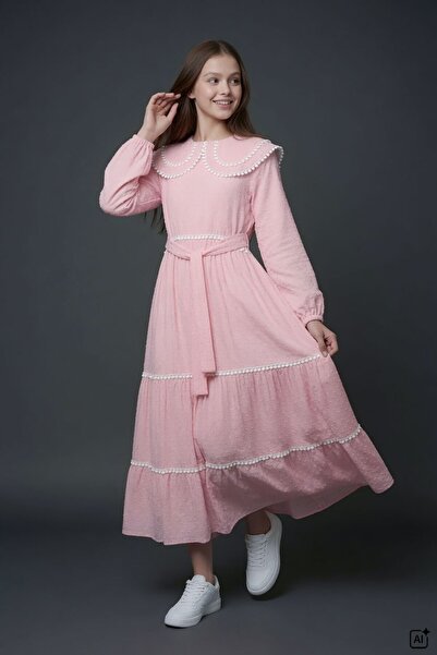 Cansın Mini Pink Girls' Lace Detailed Double Collar Polka Dot Long Dress 24754
