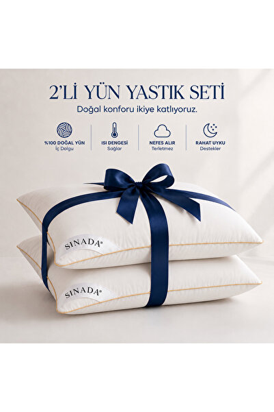 Sinada 2 Adet Kuzu Yünü 1000gr Yastık 50x70 cm - %100 Merinos Yün 2'li Yastık
