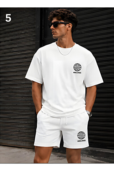 EFFRENATU Men's Oversize White Shorts and T-Shirt Set - Cotton Relaxed Fit