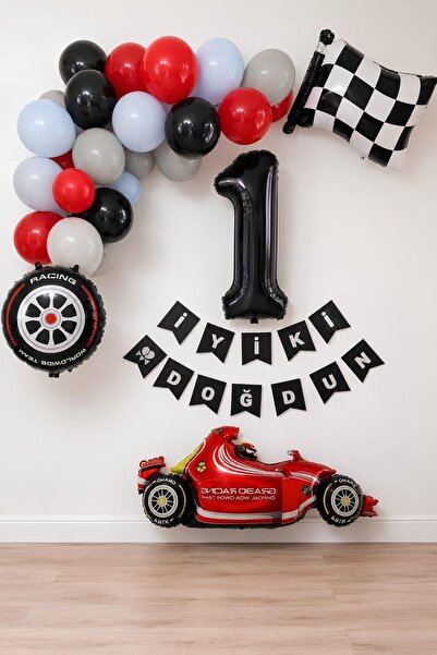 Patladı Gitti 1 Year Old Race Car Themed Birthday Party Celebration Balloon S...