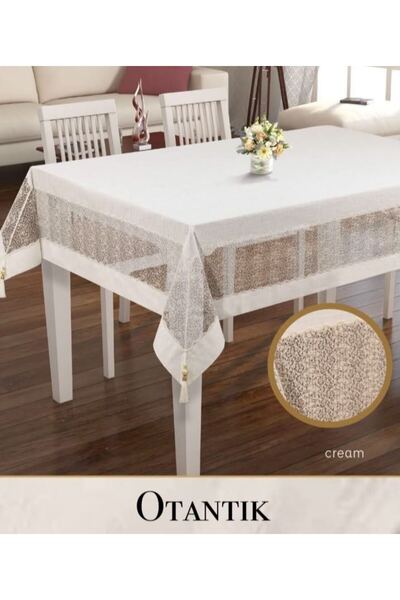 Ceki Home 160X260 cm Authentic Cream Linen Embroidered Tablecloth with Lace S...