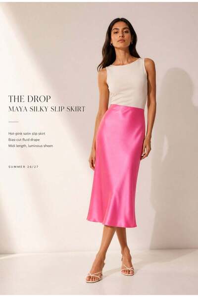 The Drop Fustă midi din satin Maya, roz aprins –