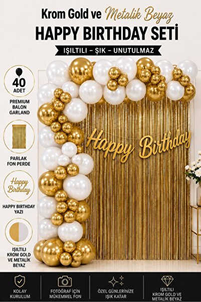 Doğum Günü Metalik Beyaz ve Krom Gold Konsepti Balon Süsleme Parti Seti Happy Birthday