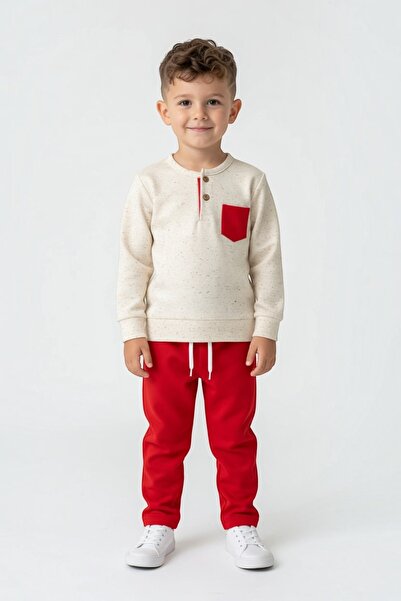 Kalyoncu Butik Collar Button Detail, Washed Fabric Cotton Red Boys' Suit