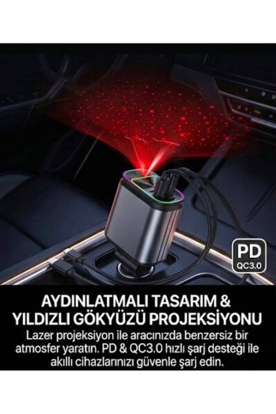 4'ü 1 Arada Akıllı & Tavan Projektörlü, Makaralı Araç Şarj Cihazı