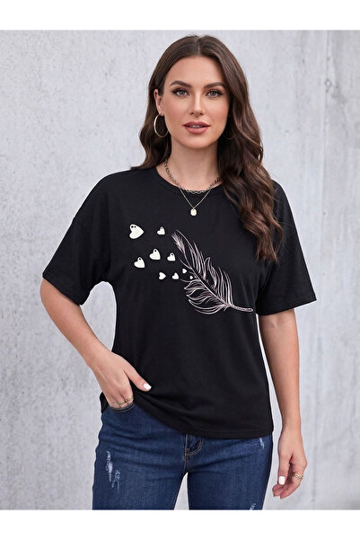 Flubutik Women's Heart Tug Print 100% Organic Cotton Relaxed Fit Round Neck T...