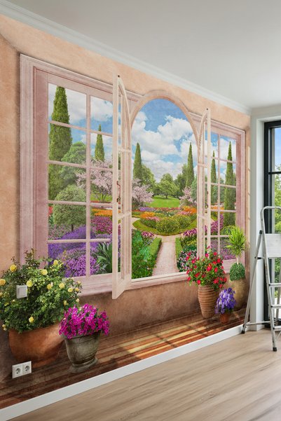 dreamwall Pencere, Saksı Çiçekleri ve Peyzaj Bahçesi Manzaralı Tek Parça Teks...