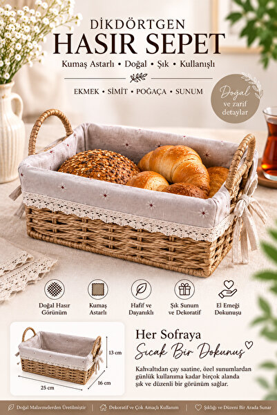 MAKRİ HOME Bamboo Wicker Bread and Presentation Basket with Fabric Lining, Co...