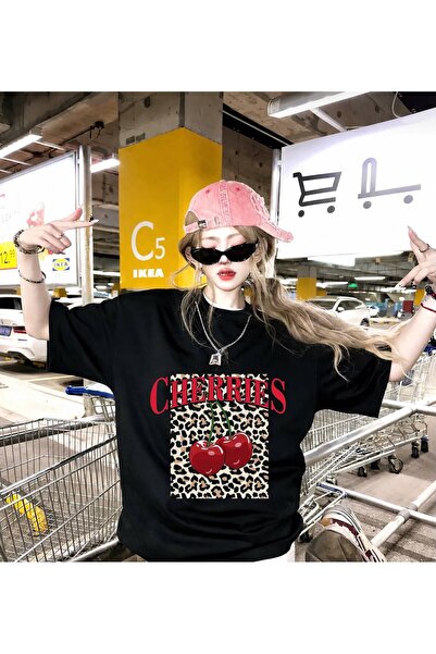 DEEFWEAR Black Cherries Leopard Print Oversize T-Shirt
