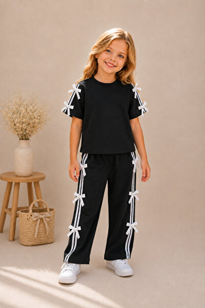 zepkids Girl's Ribbon Detailed Black Color Double Set Short Sleeve Summer Cas...