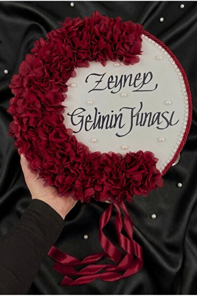 ZEYMERADE Bordo Gelin Tefi, Kordonlu İncili Ve Lazer Çiçek Süslemeli 30cm, Dü...