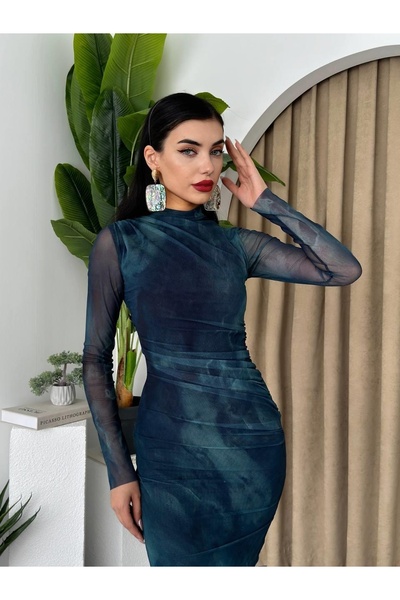 Clothes Fast Women's Green Midi Dress Draped High Neck Long Transparent Sleev...