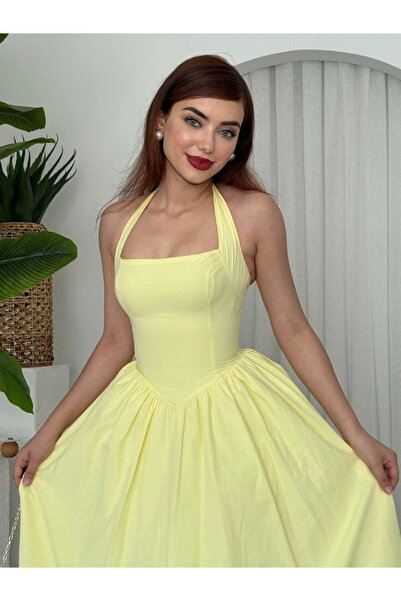 Moda Days فستان نسائي من قماش البوبلين بطول متوسط، بياقة هالتر مربعة الشكل، و...