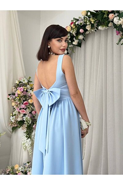 Moda Days فستان نسائي متوسط الطول باللون الأزرق الفاتح، ياقة مربعة، مفتوح من ...