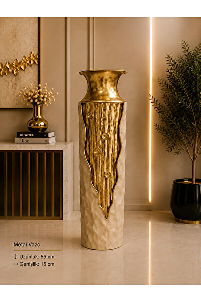 Hinora Vază decorativă din metal, auriu crem, dimensiune mare 55 cm, decor pe...