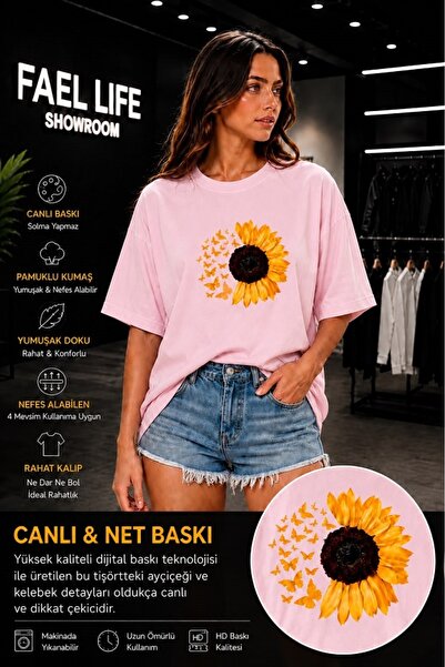 FAEL LİFE Unisex Wide Cut T-Shirt with Sunflower and Daisy Print