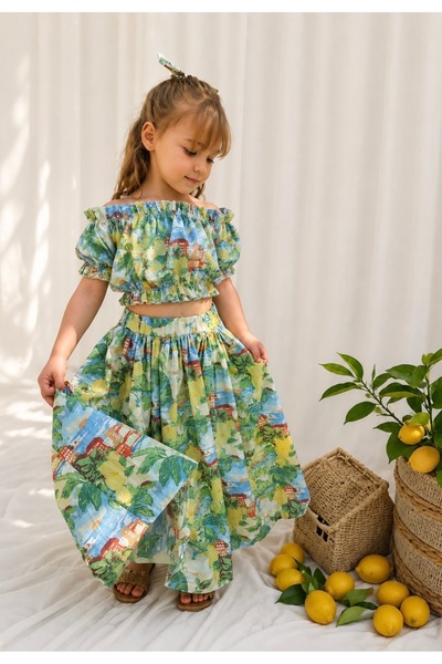 hety Girl's Lemon Patterned Crop Blouse and Skirt (with Buckle Gift)