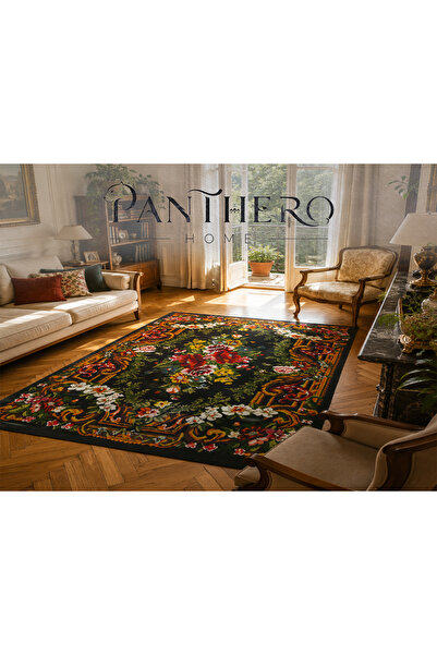 Panthero Home Siyah Zemin Çiçek Desenli Kaymaz Taban Süngerli Yıkanabilir Halı