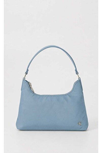 Calvin Klein Women's Zipper Closure Ck Logo Short Strap Blue Nylon Handbag