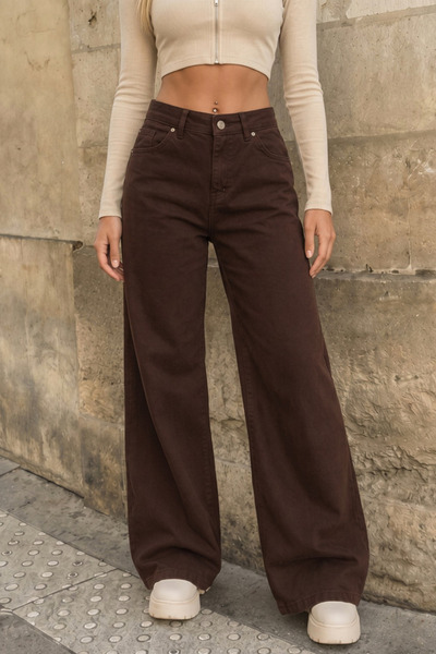 BİKELİFE Pantaloni din denim maro, cu talie înaltă, croială largă, stil palazzo