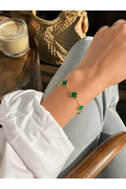 ATALYA ACCESSORY Big Clover Model Green Enamel Steel Women's Bracelet