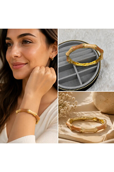 Bozhi Cream and Coffee Patterned Gold Color Modern Handcuff Bracelet Gold Steel