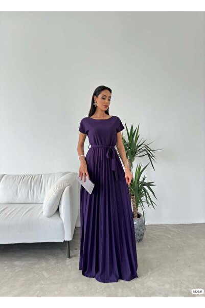 Modafeminen Purple Pleated Maxi Belted Dress 582931