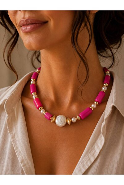 BIJUTERI Pearl Detailed Fuchsia Pink Bead Necklace