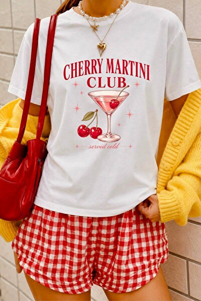 LELVANİ Women's Cherry Martini Club Cherry Drink Printed T-Shirt