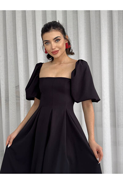 Moda Days Γυναικείο μαύρο μίντι φόρεμα με τετράγωνο γιακά, μανίκια μπαλόνι, π...