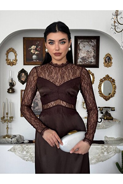 Clothes Fast Women's Coffee Midi Dress with Lace Transparent Detail Satin Lon...