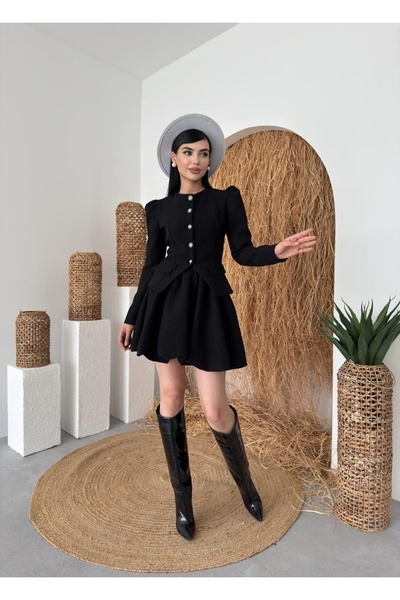 Moda Days Women's Black Skirt Jacket Set with Gold Buttons, Balloon Sleeves, ...