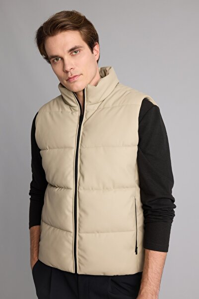 DeFacto Slim Fit Stand Collar Lined Zippered Faux Leather Puffer Vest H1726Ax...