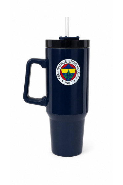 Fenerbahçe Licensed Thermos Mug with Straw and Handle - Navy Blue Stainless S...