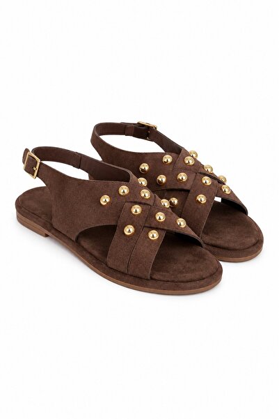 İX Lusso Women's Cross-Strapped Suede Sandals with Gold Accessory Detail