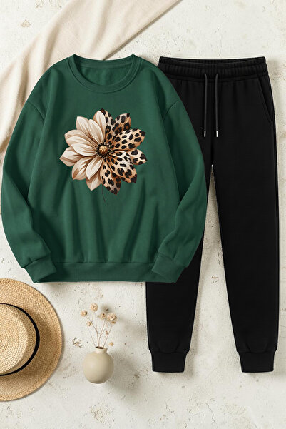 uyguntarz Unisex Leopard Patterned Floral Design Printed Crew Neck Sweatshirt...
