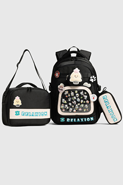 By Hakan 1815 Triple Set Primary School Bag with Pen Holder and Lunch Bag Black