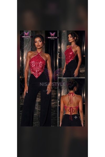Nisa Sequin Sequin Halter Neck Backless Crop Top