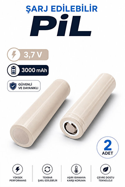 Badem10 Şarj Edilebilir Li-ion Pil 2 Adet 3,7V 3000 mAh Krem Yüksek Kapasitel...