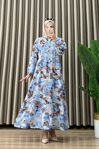 Hürrem Lemon Dress Mango Modal Fabric Women's Blue Openable Button Detailed C...