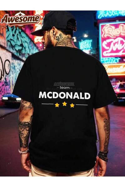 26LIK Funny Tee With McDonald Text And Three Stars Back Print Retro Style Men...